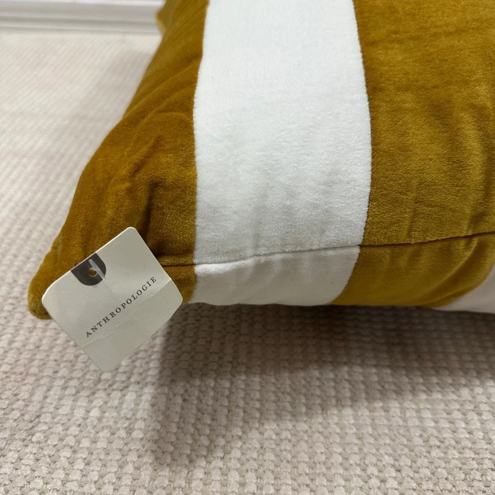 Anthropologie‎ Maize White Striped Throw Pillow 18x18 Cotton Mustard Yellow NEW
